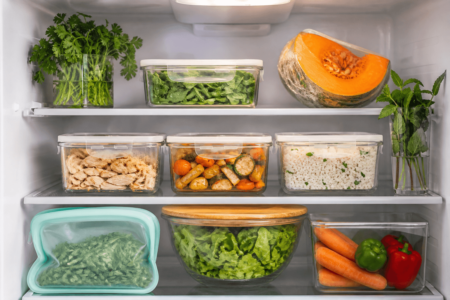 Alimentos conservados de forma organizada na geladeira