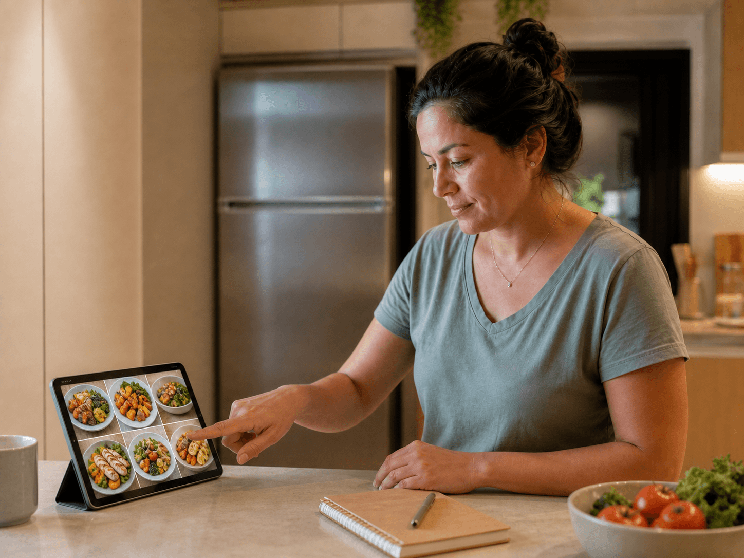 Mulher escolhendo visualmente uma refeição simples no tablet