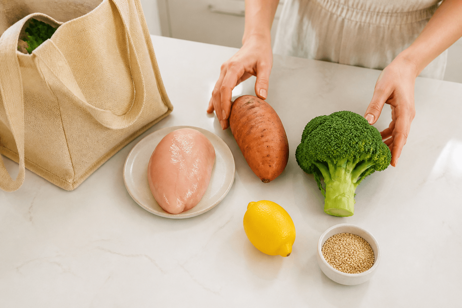 Cinco ingredientes simples organizados sobre a bancada