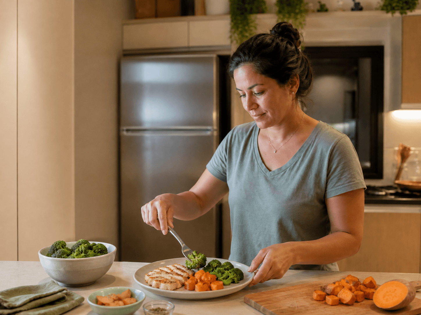 Mulher tranquila montando uma refeição simples de frango, batata-doce e brócolis